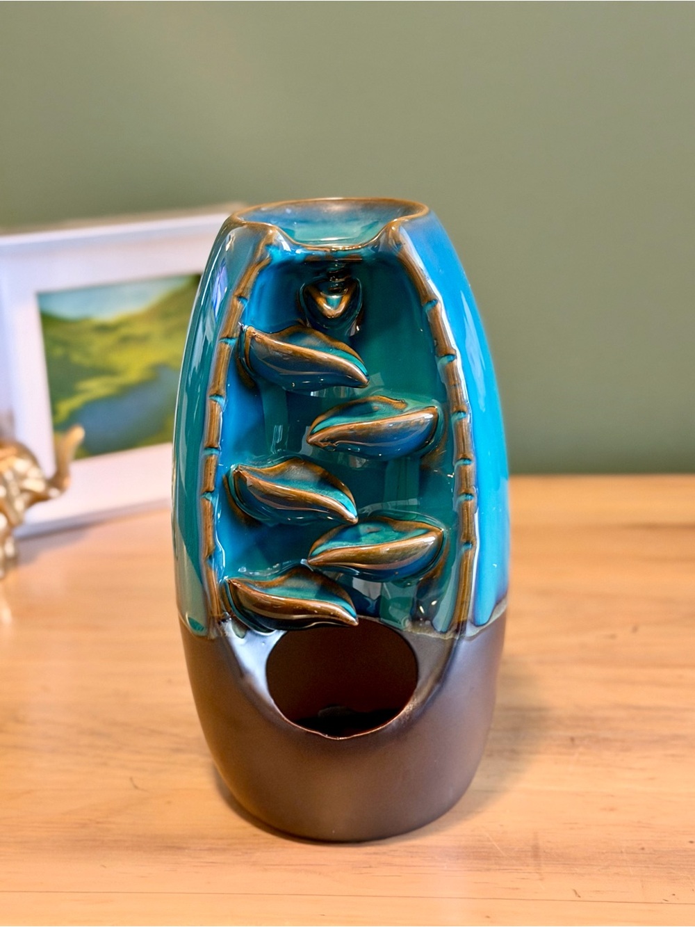 Turquoise Ceramic Leaf Backflow Burner - Decorative Home Accent